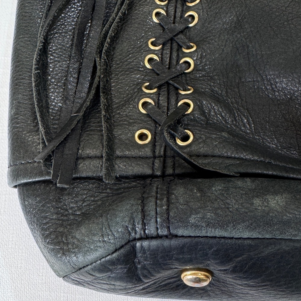 B. Makowsky Black Leather Shoulder Bag Lace Up Tassel Gold Hardware Tote - Picture 4 of 12